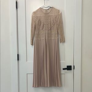 Elegant Lace and Pleated Tan Dress